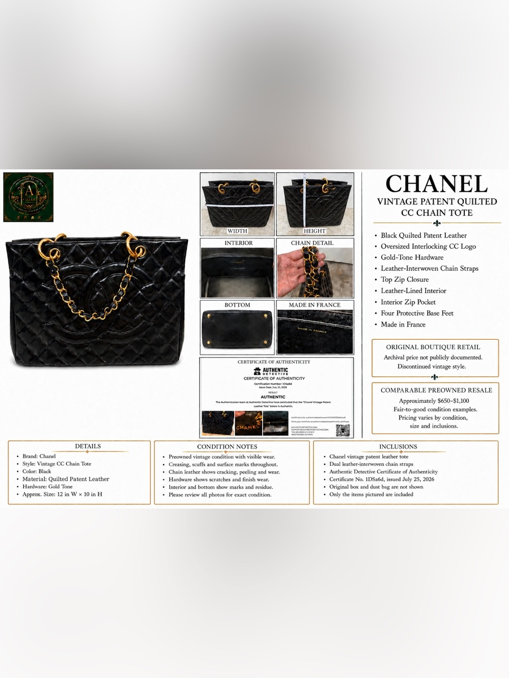 Vintage Chanel Black Patent Quilted CC Tote Gold Chain Shoulder Bag + COA